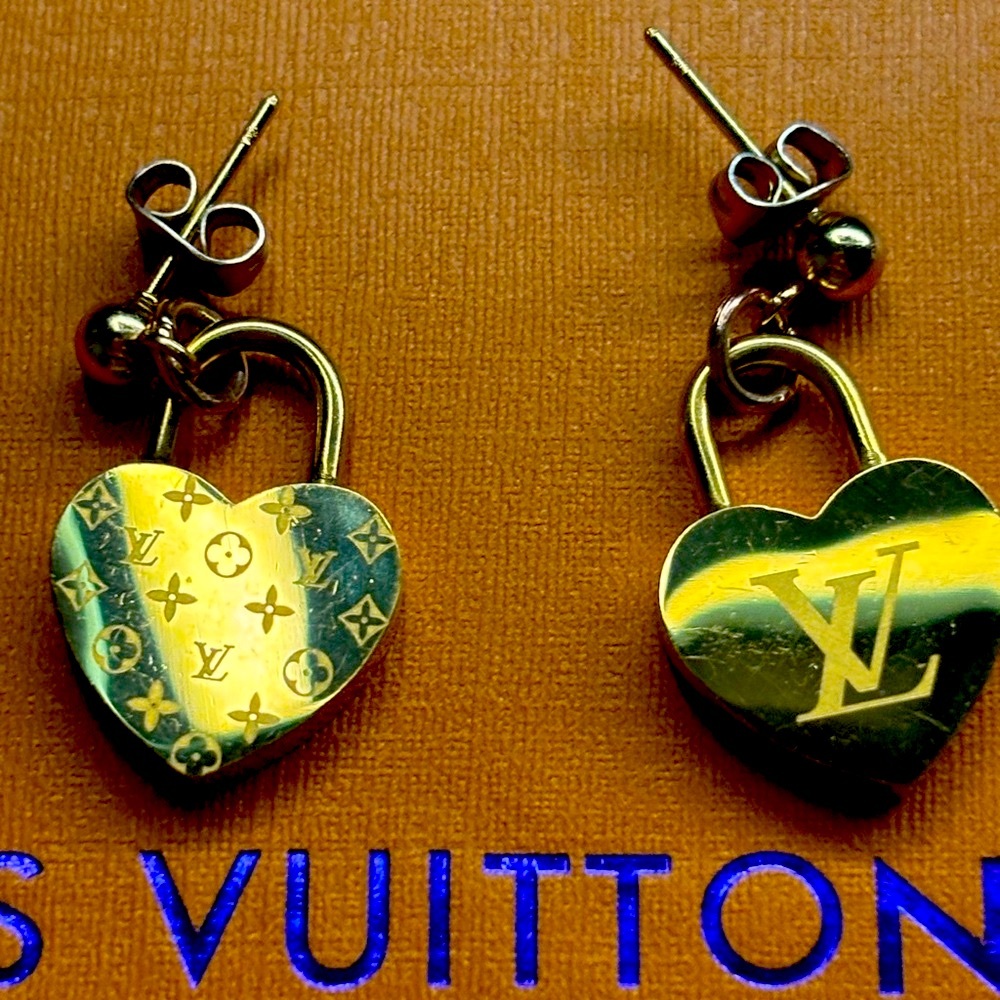Louis Vuitton Gold Heart Monogram Padlock Earrings - Picture 3 of 11